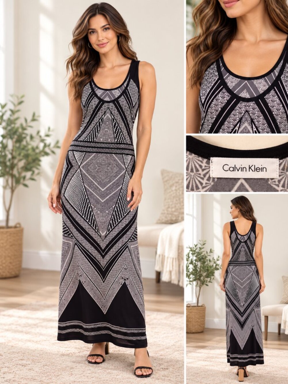 Calvin Klein Black Gray Geometric Print Sleeveless Maxi Dress